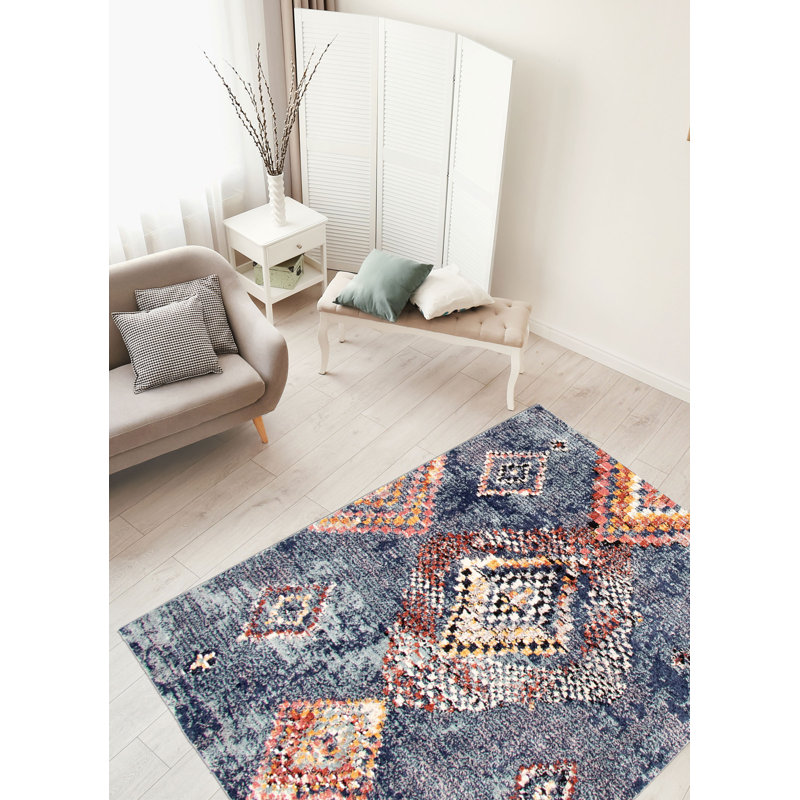 Tapis bleu / rouge / orange Stigall Mosaique, Rectangle 6 pi 7 po x 9 pi 6 po