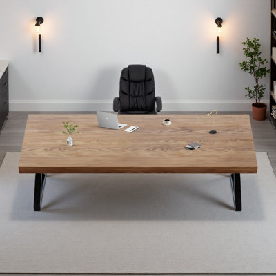 Ensemble de bureau et de chaise rectangulaire en bois massif de style industriel, bureau d'ordinateur moderne en bois massif jumelé à un fauteuil de direction noir en cuir synthétique