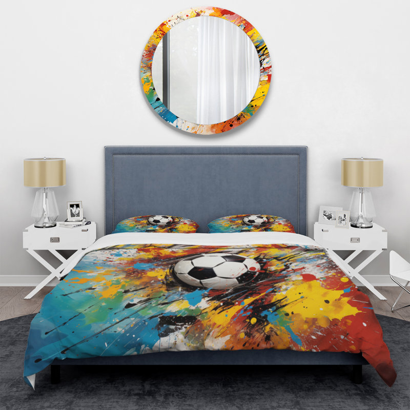 Twin Multicolor Microfiber Soccer Ball Duvet Cover Set