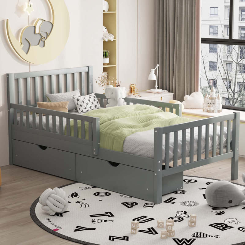 Lit plateforme en bois avec garde-corps des deux côtés et deux tiroirs de rangement, Gris, Simple