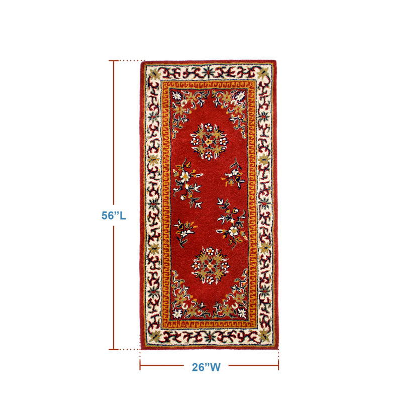 Elegant Burgundy Oriental Hearth Rug in Handmade Wool, 56"x26"