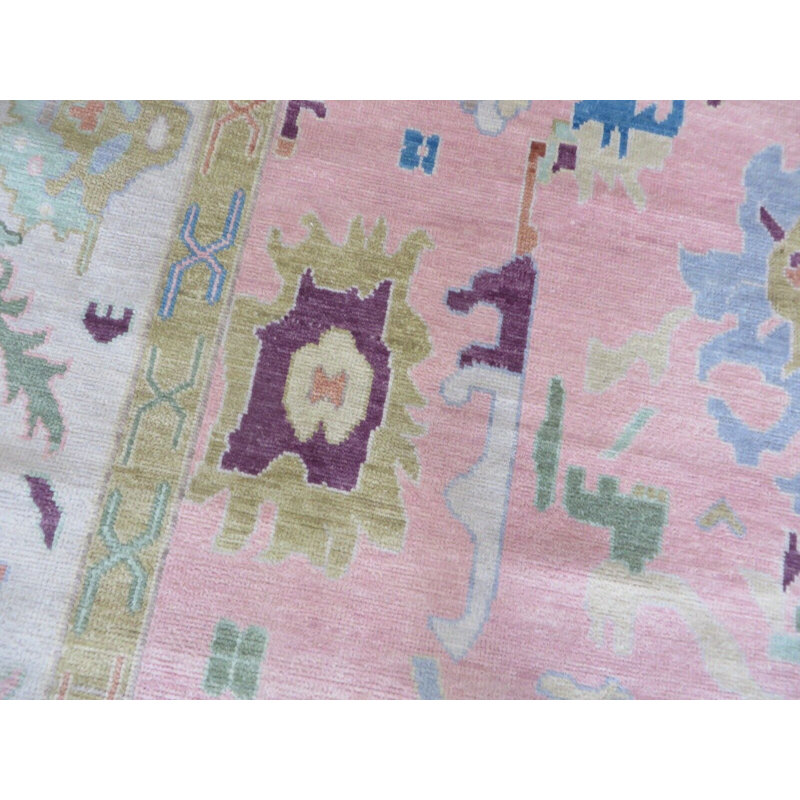 Tapis oriental rose Oushak coloré noué à la main 9 x 12 G15086