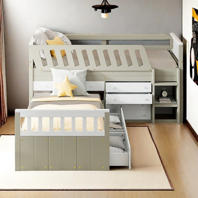 Lit mezzanine simple en L et lit plateforme simple avec 7 tiroirs et garde-corps complets en forme de L