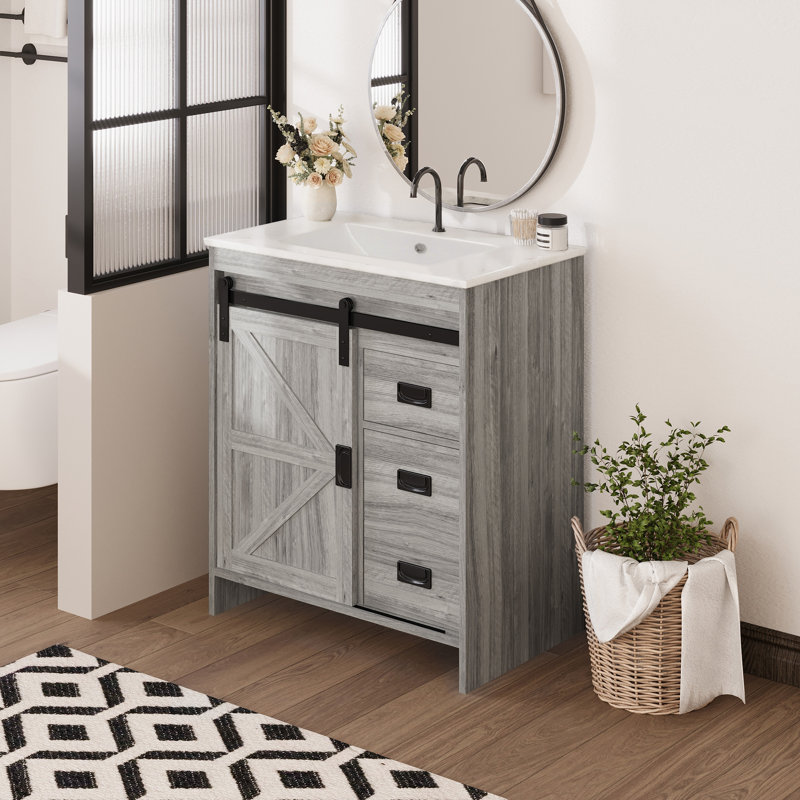  30" Farmhouse Single Bathroom Vanity With Ceramic Top, Sliding Barn Door Sink Vanity, Grey