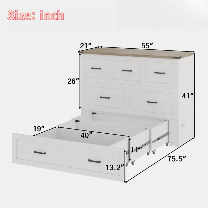 Multi-functional Foldable Murphy Bed  With Charging Station And 1 Large Storage Drawer, White, Full