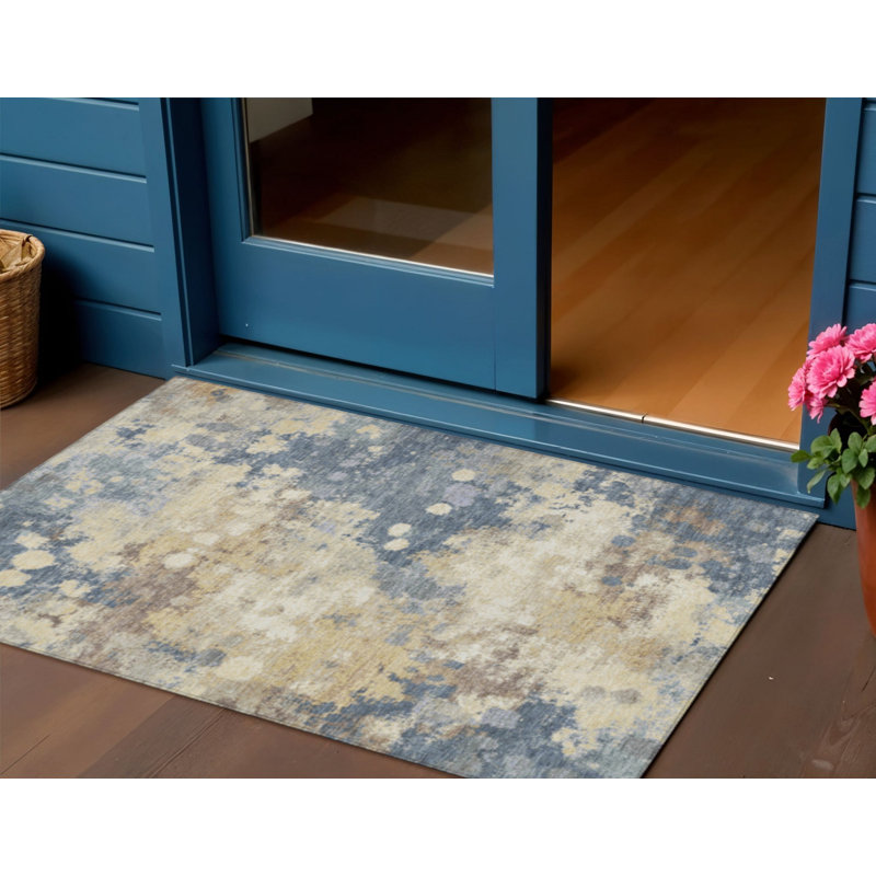 3' X 5' Gold And Beige Abstract Washable Indoor Outdoor Area Rug