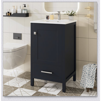 20-Inch Modern Bathroom Vanity With Ceramic Sink, Soft-Close Drawer & Door, Double-Layer Door Organizer, Divider Drawer, Adjustable Foot Pads – Space-Saving Storage Design