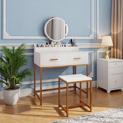31" Space-Saver, 1 Soft-Close Drawer, Built-In Organizer, Gold-Tipped Legs, PU-Cushion Stool, Glam Accent for Small Bedrooms