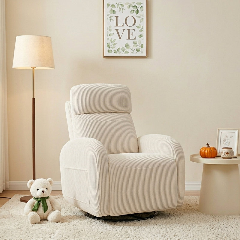 Triple Motors Power Swivel Rocker Glider Nursery Recliner with Adjustable Headrest and Lumbar Support, Round Armrest and USB Port