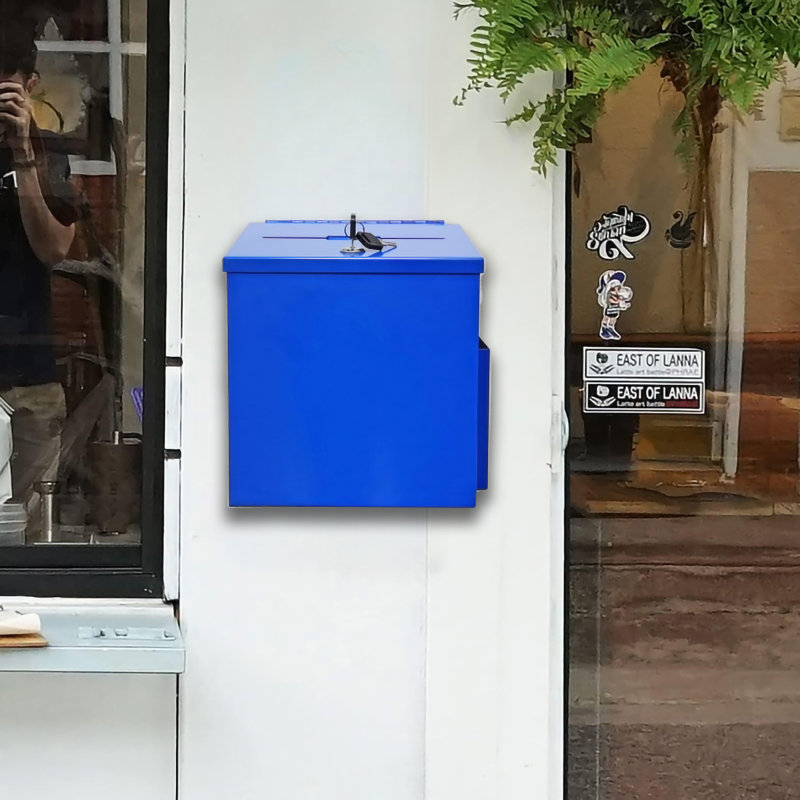 Fixturedisplays® 8,6 po x 8 po x 9,4 po Boîte de dépôt de clés en métal bleu Boîte à idées de cadeaux 22182