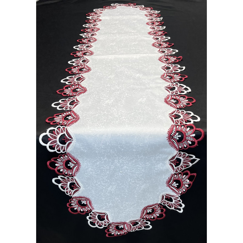 Chemin de table rectangulaire en polyester, Blanc /Rouge
