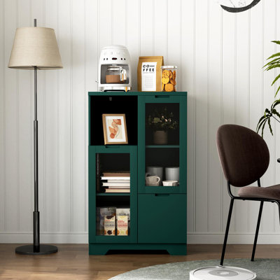MDF Painted Cabinet With Glass Doors And Drawer, Open Storage Space, Green ,Bedroom, Living Room