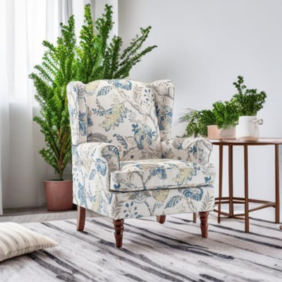 Chaise d'appoint florale avec dossier rembourré à haut dossier, pieds en bois massif pour plus de stabilité, canapé simple confortable, idéal pour le salon, la chambre à coucher ou le bureau personnel