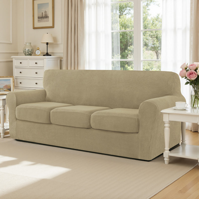 Housse de canapé en jacquard extensible 4 pièces, housse pour canapé pour 3 coussins, protecteur de meubles lavable à la machine (canapé, sable)