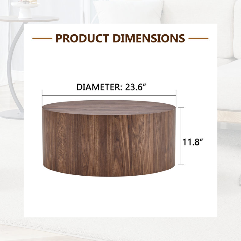 Table basse cylindrique ronde de 23,6 po avec placage en noyer - Table de salon moderne à profil bas de 11,8 po - Base antidérapante - Noyer profond