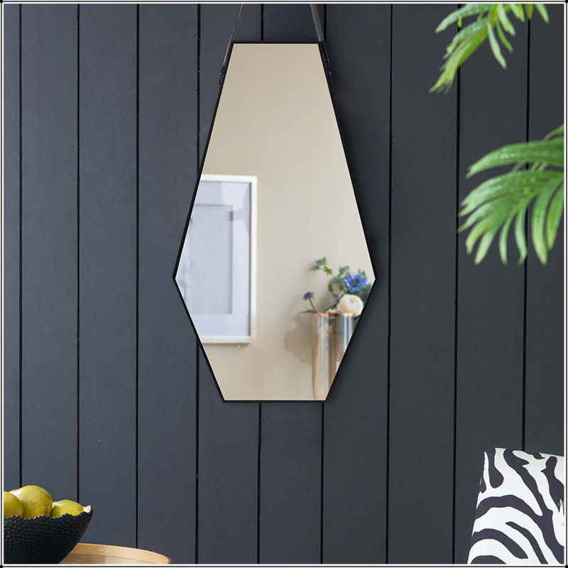 Hexagonal Wall Mirror with Leather Hanging Strap