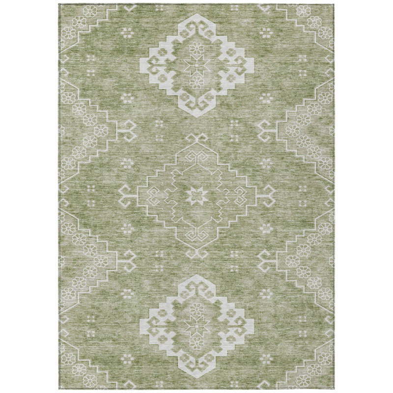 3' X 5' Artichoke Green Beige And Ivory Medallion Washable Indoor Outdoor Area Rug