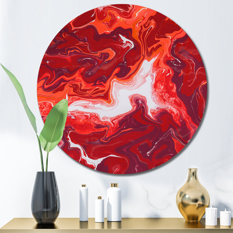 Red and White Marble Ripples - Art mural moderne en cercle métallique, H 29 po x l 29 po x P 1 po