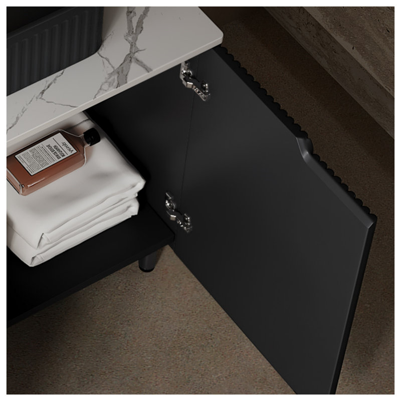 Meuble-lavabo autoportant TURIO 30 po avec lavabo, armoire noire moderne avec comptoir blanc Carrara et lavabo en céramique noire mat