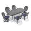 Ensemble de salle à manger d'extérieur rectangulaire 6 personnes 82,68 po L avec trou pour parasol, 2 chaises pivotantes + 4 chaises empilables, coussins bleus