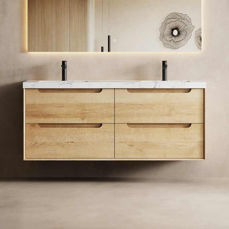 Meuble-lavabo double 60 po en chêne naturel avec plateau en pierre reconstituée 60 po, 60"