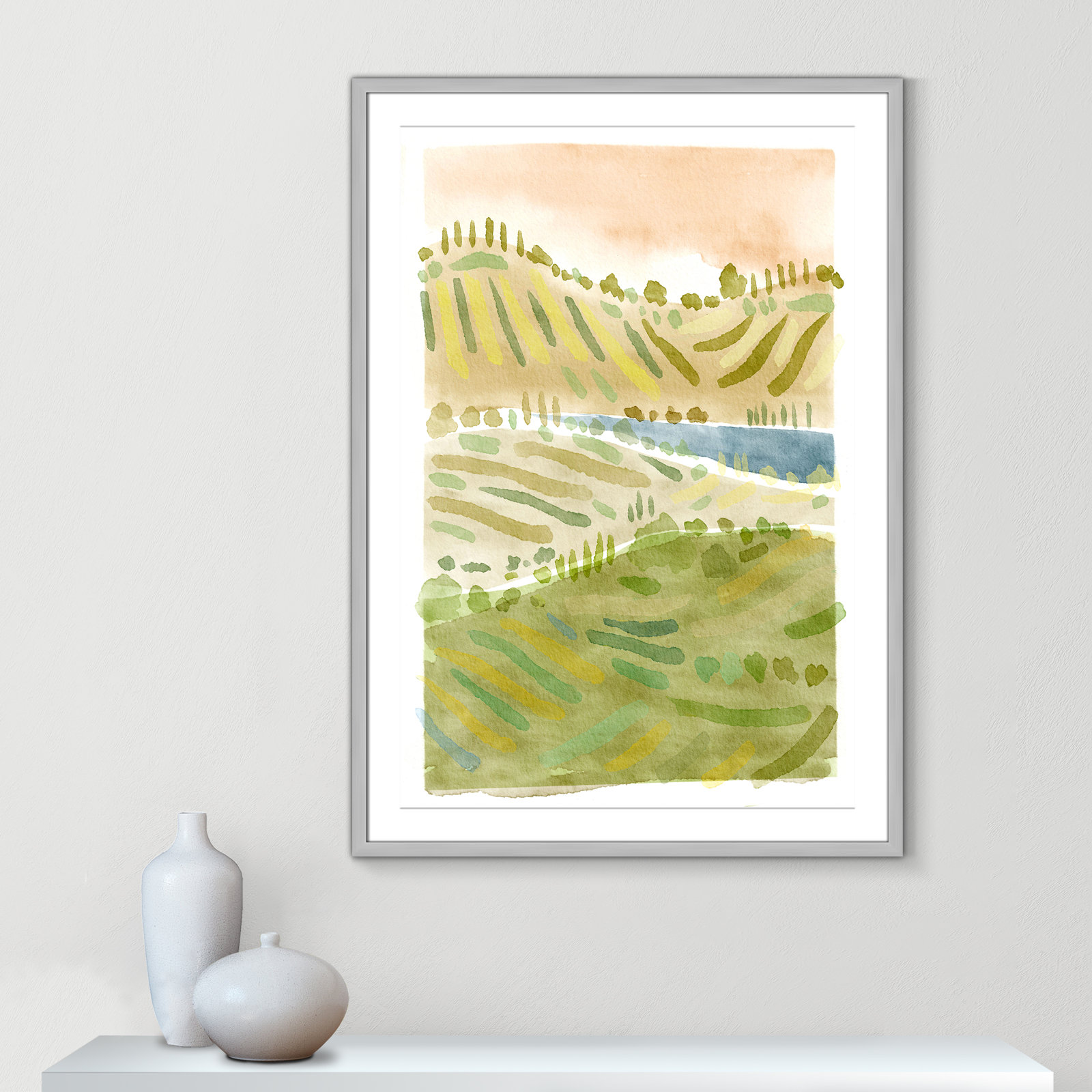 Tuscan Countryside Print, Silver Single Picture Framed Paper, White, 41.5" H x 29.5" W x 1.25" D