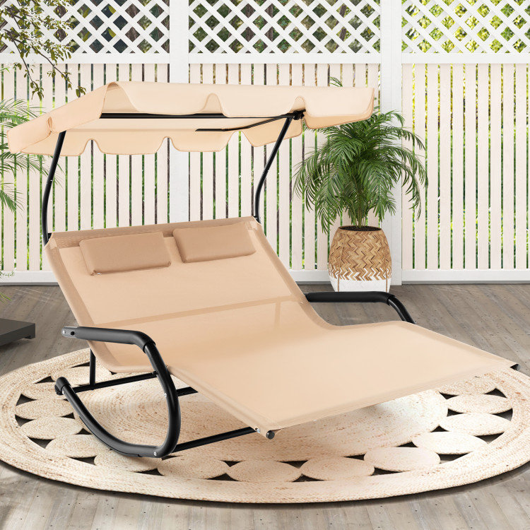 Beige Metal Outdoor Rocking Chaise Lounge with Adjustable Canopy