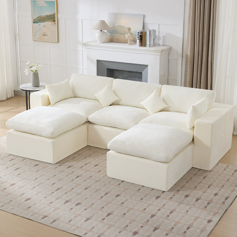 Compression Sectional Couch with 2 Ottomans, Beige Chenille, 5