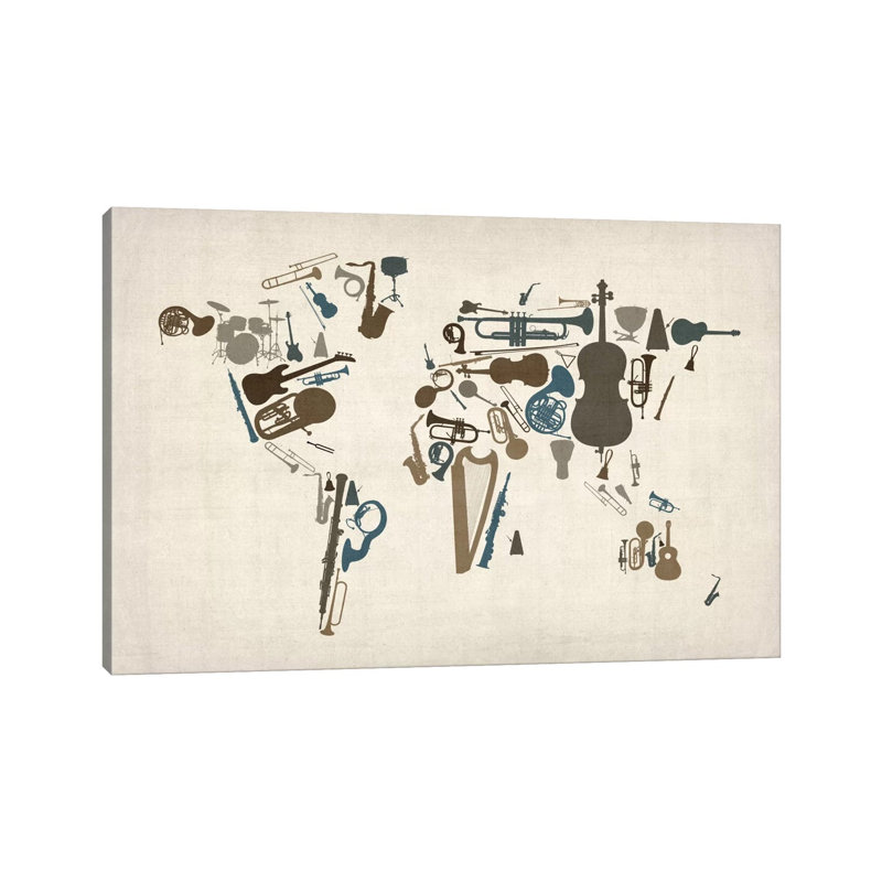 Musical Instruments Map Of The World by Michael Tompsett - Wrapped Canvas Painting, 20.32 cm H x 30.48 cm W