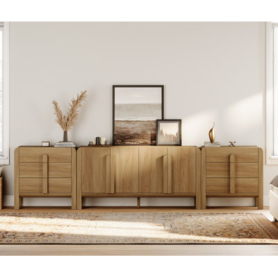 Adora 3-Piece Dresser Set For Bedroom, 126" Large Mid Century Dresser For Closet, Curved Profile Wooden Chest Of Drawers For Bedroom,Living Room