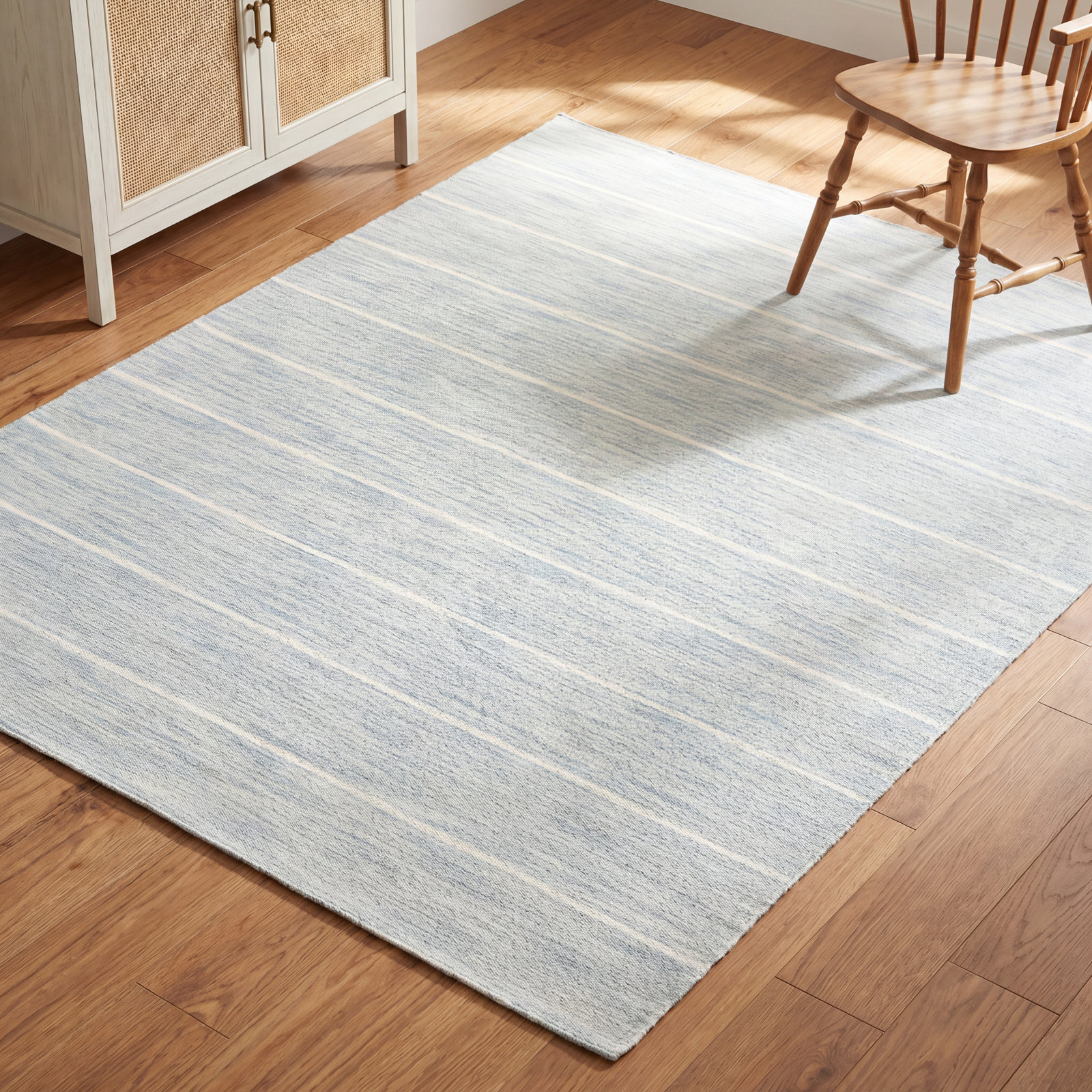 Aldine Blue Beige Hand-Woven Striped Wool Rug, Rectangle 4' x 6'