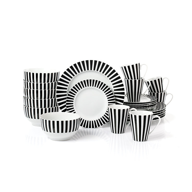 Waterside 24pc Black Split Stripe Porcelain Dinner Set