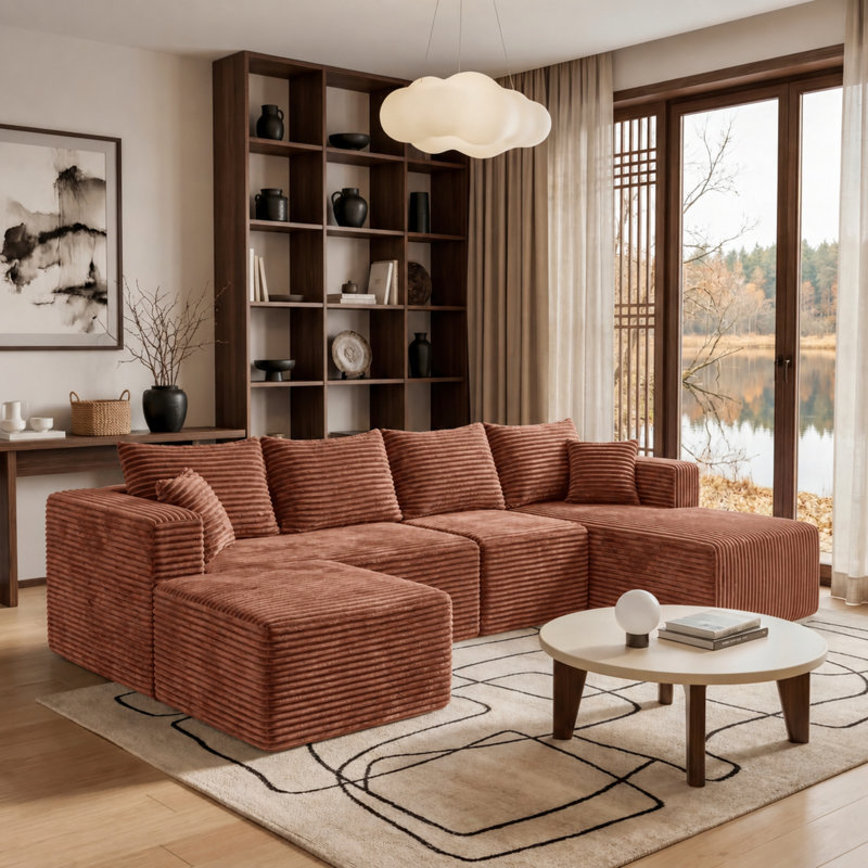  Repose-pieds modulaire à compression pour canapé modulaire, repose-pieds rembourré en flanelle moderne avec ressorts ensachés, pouf sans assemblage pour salon, brun