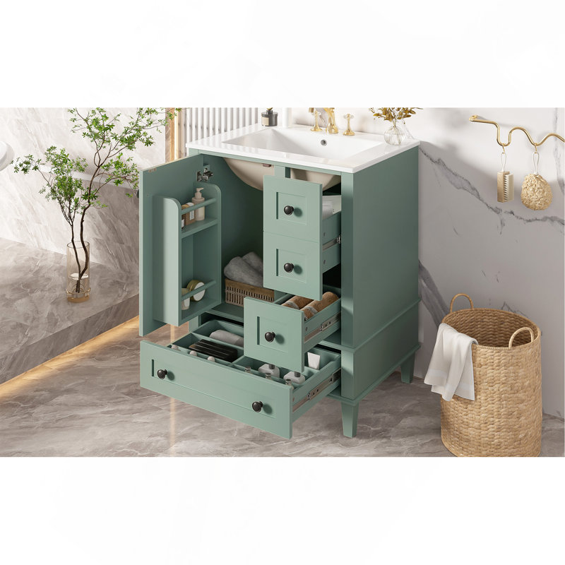 Meuble-lavabo de 24 pouces vert clair avec lavabo en céramique intégré, tablette à double couche, tiroirs à fermeture en douceur et porte d'armoire à fermeture en douceur