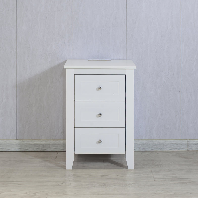 Table de chevet 3 tiroirs pour chambre à coucher - Design blanc eau avec station de charge