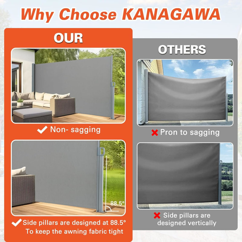 Retractable Outdoor Privacy Screen with Aluminum Frame and Waterproof Polyester Fabric, 70.87" H x 236.22" W x 0" D