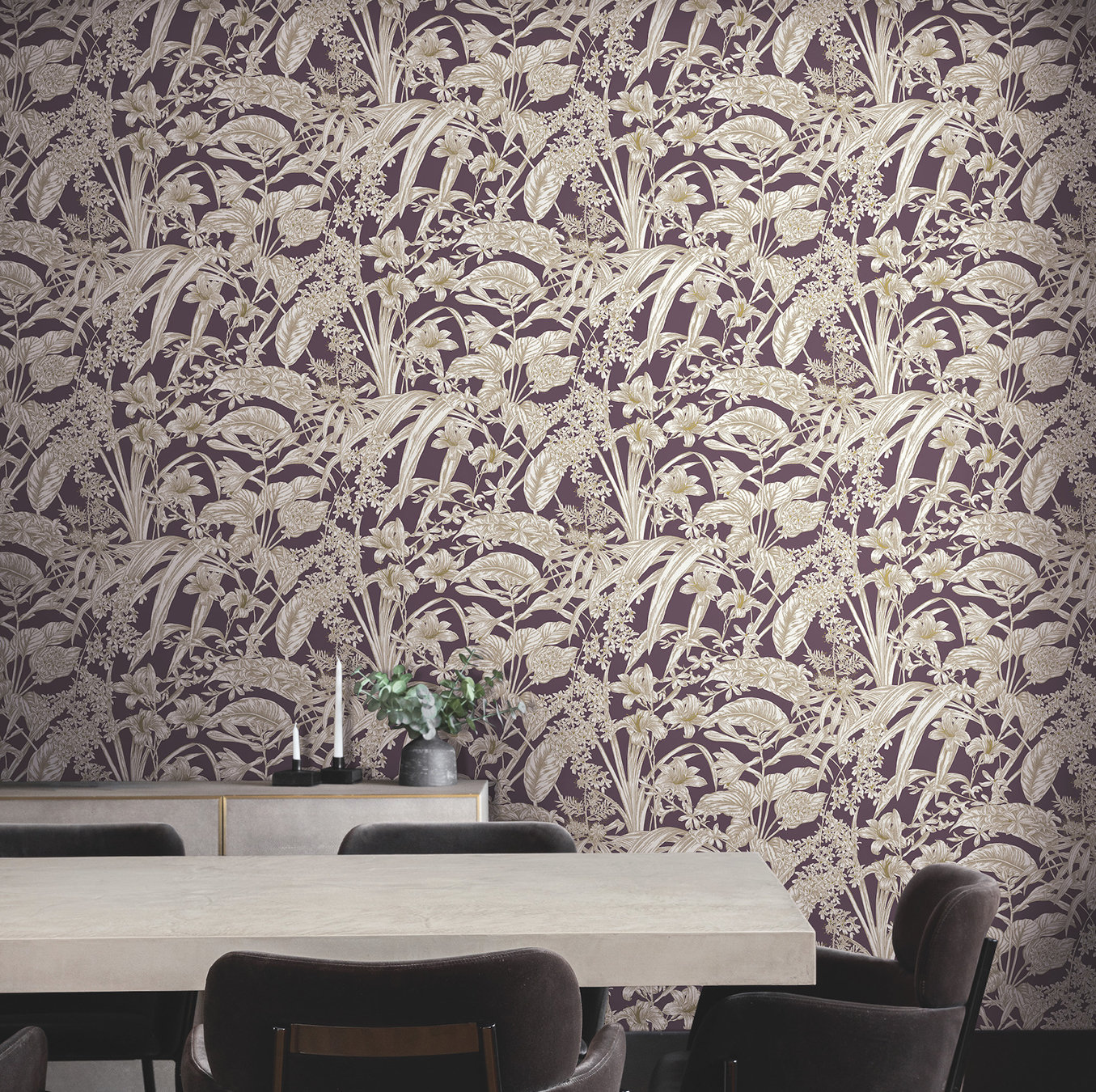 Conservatory Toile Floral,Solids Wallpaper, Mulberry