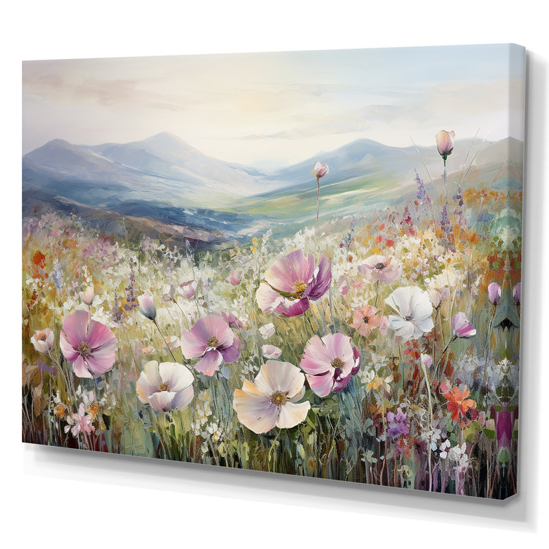 Champ de renoncules roses en montagne II, Toile tendue, H 24 po x l 32 po x P 1 po