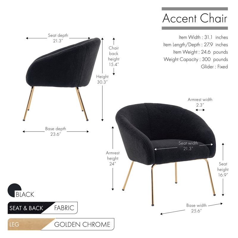 Fabric Upholstered Accent Chair with Gold Chrome Legs, Black Polyester Blend