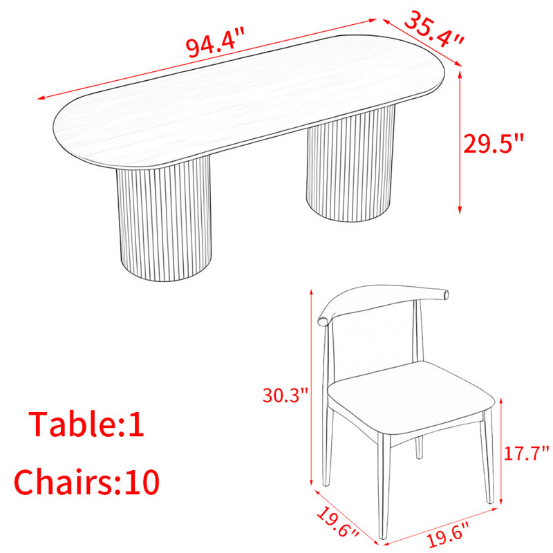 Ensemble de table de salle à manger ovale en bois massif de style nordique, 29.5”H x 94.4”L x 35.4”W