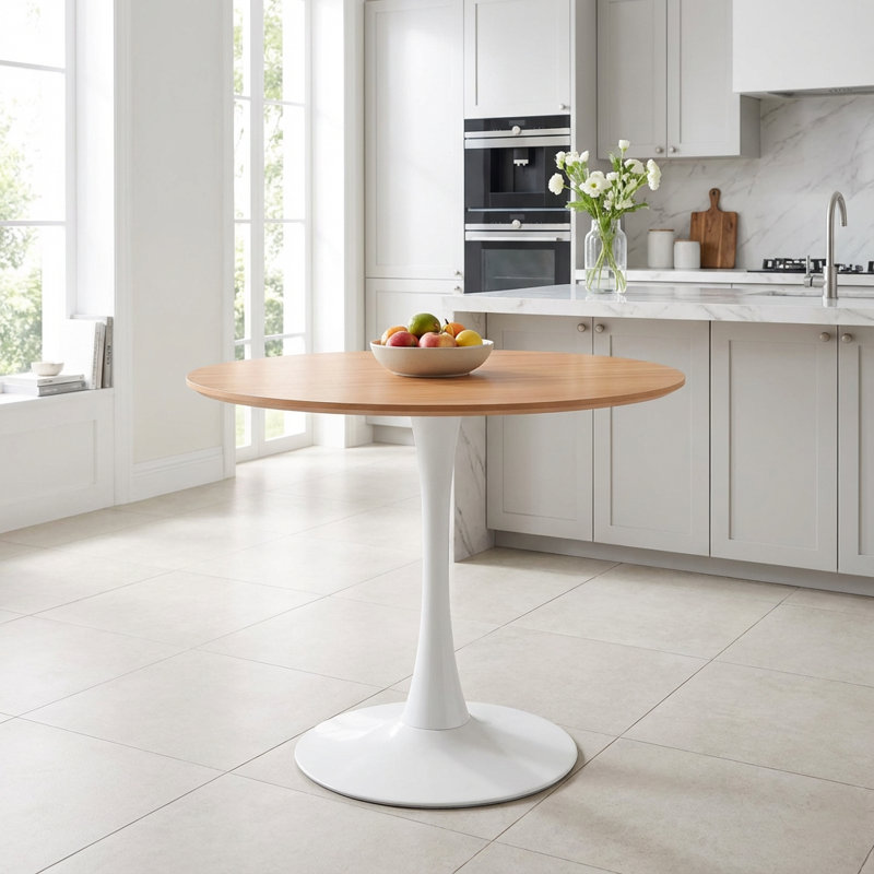 Table de salle à manger Mid-Century, Blanc, H 28,74 po x L 31,5 po x l 31,5 po, Chêne