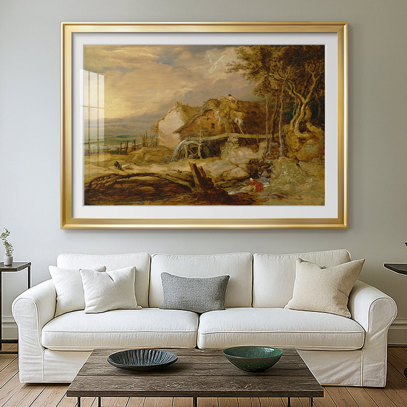 A Watermill-James Ward, reproduction encadrée avec passe-partout et verre début du 19e siècle, 26,5 x 36,5, Doré