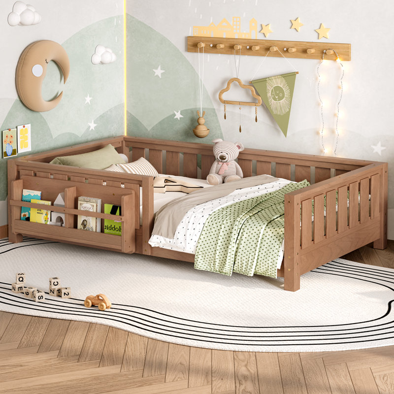 Lit scandinave avec bibliothèque intégrée et garde-corps de sécurité, Twin, Natural
