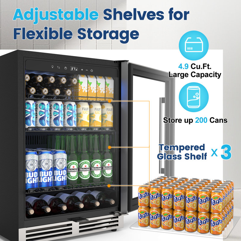 24" Built-In or Freestanding Beverage Refrigerator, 200-Can Capacity with Wire Shelves & Lock - Silver, Silver