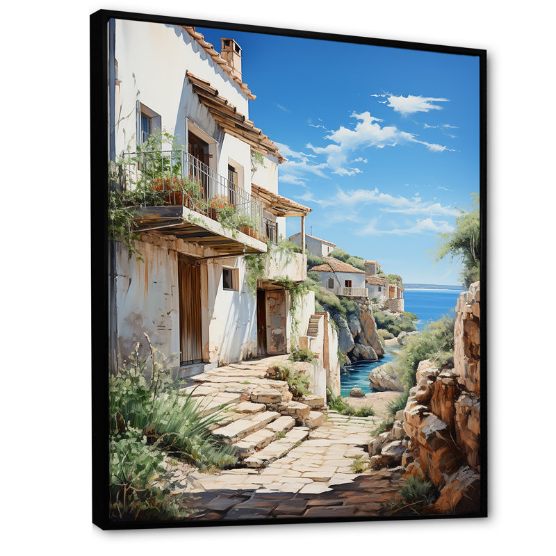 Spain Azure Coastline Village V - Spain Wall Art Living Room, H 32 po x l 24 po x P 1 po, Cadre flottant noir