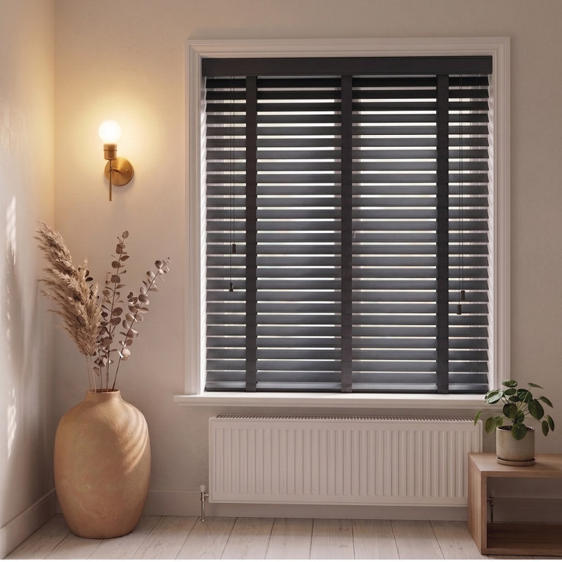 Faux Wood Venetian Blinds with Fabric Tape, Moisture-Resistant Horizontal Slats & Cord Control for Windows, 135cm W x 213cm L