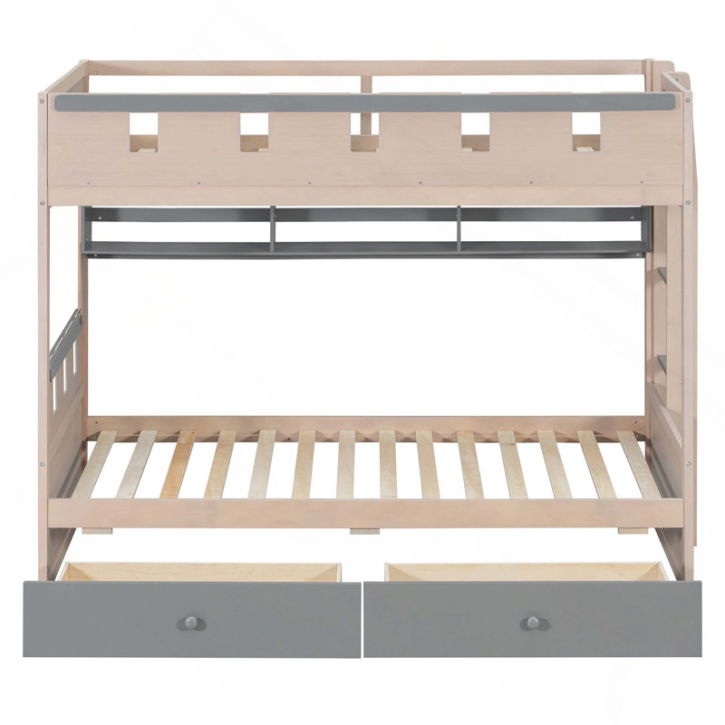 Lit superposé de style château avec 2 tiroirs de rangement, tablette et lumière DEL, Grey, Twin