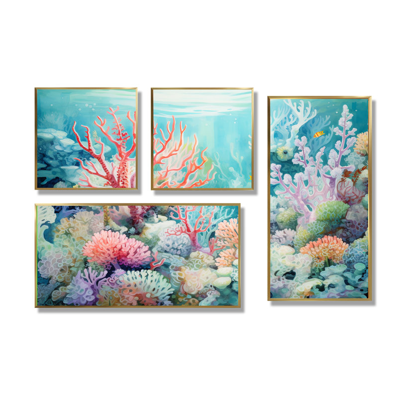 Underwater Coral Symphony Ii II - Pink Coastal, impressions sur toile 4 pièces, Impression encadrée sans passe-partout, Doré