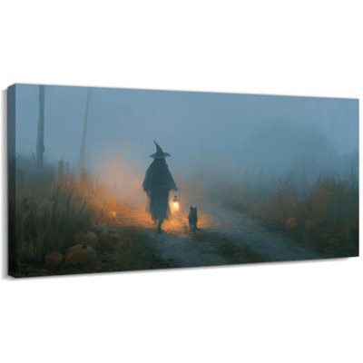 Grand art mural sur toile d'Halloween sorcière - peinture effrayante gothique, décoration de maison sorcière avec chat, lanterne et citrouilles pour salon d'automne, chambre à coucher, toile tendue avec cadre en pin, 28 po x 58 po