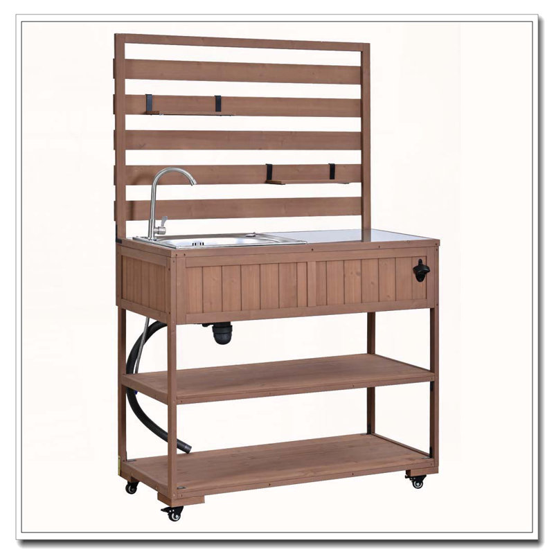Chariot de cuisine 41,7 po en bois massif avec évier et banc de jardin avec plateau en acier inoxydable 41,7 po, Brown